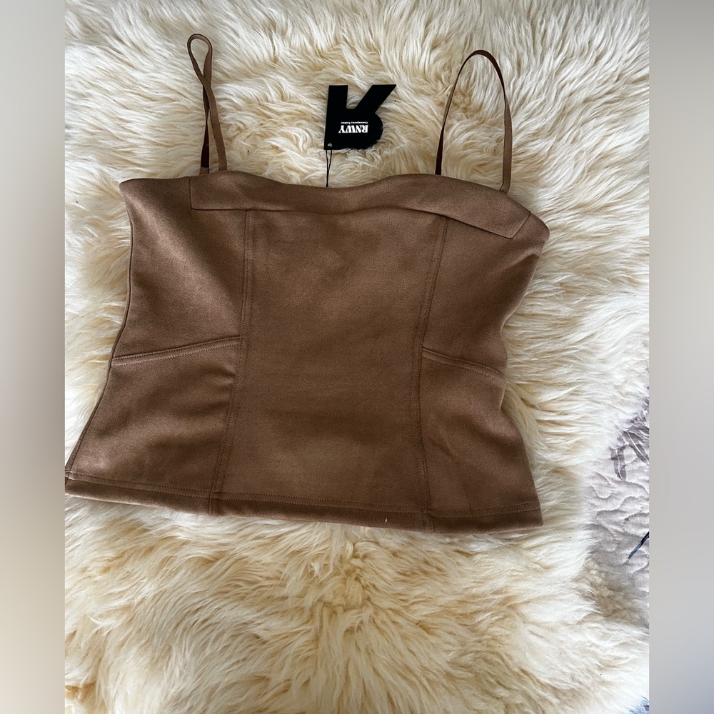 RNWY Contemporary Fashion Faux Suede Spaghetti Strap Tan Top